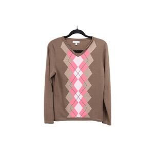 Croft & Barrow Argyle V Neck Sweater Women Medium Tan Pink Preppy Knit Pullover
